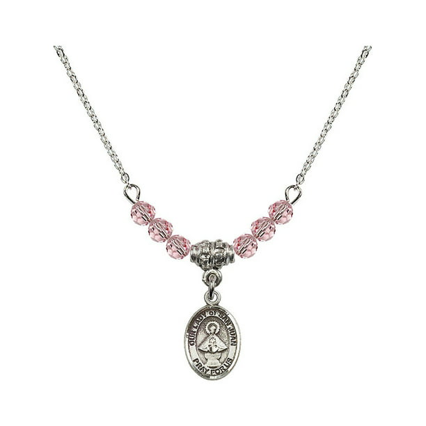 18-Inch Rhodium Plated Necklace with 4mm Rose Birthstone Beads and Sterling Silver Our Lady of San Juan Charm. 